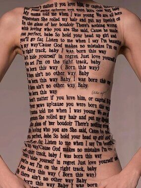 Nude/Light Beige Lady Gaga Born This Way Lyrics Letter Print Sleeveless Mesh Top